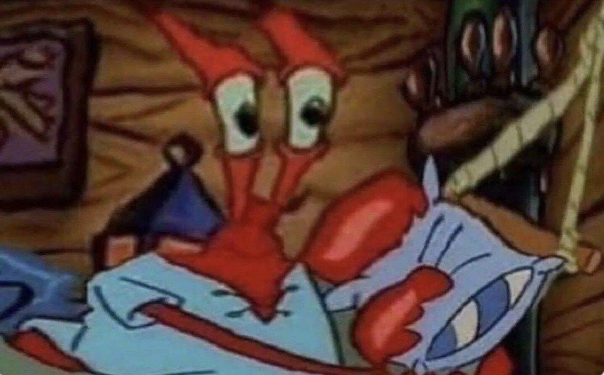 Mr. Krabs from Spongebob Squarepants with crusty eyes, clawing on the pillow to make it comfy